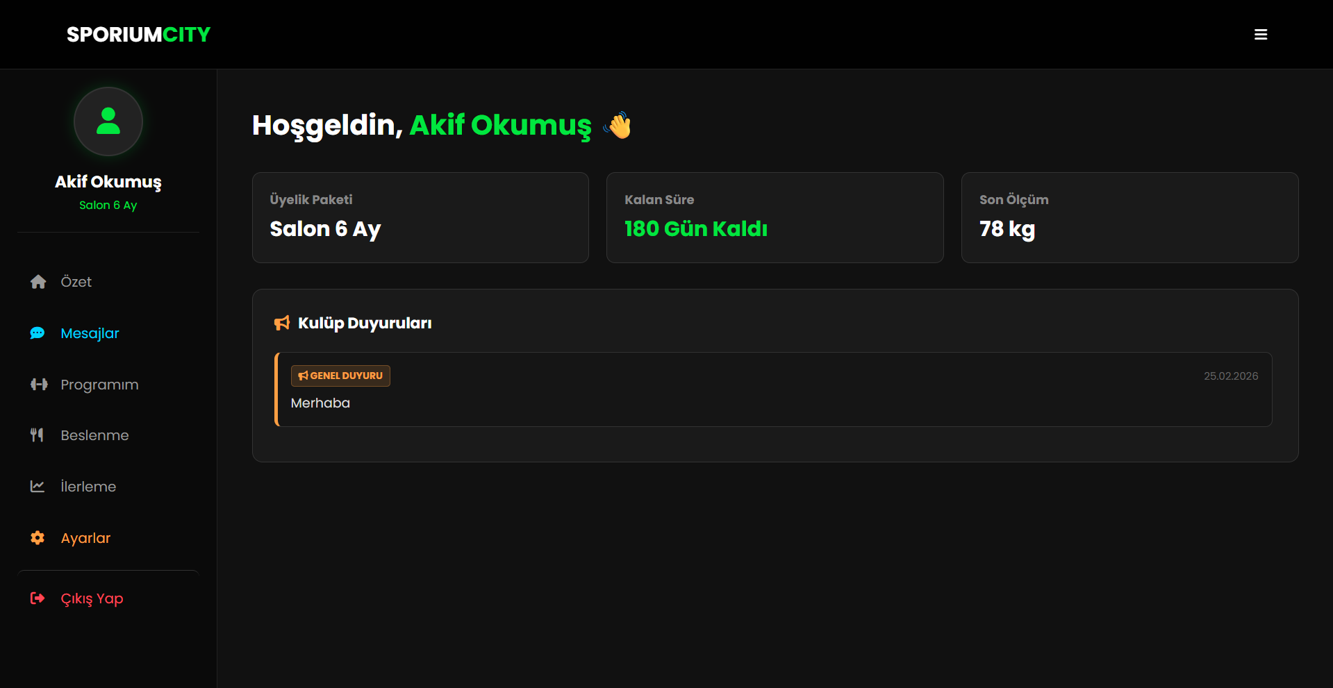 Üye Paneli Masaüstü Görünümü